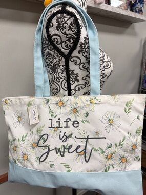 Life Is Sweet Floral Canvas Tote in Light Blue